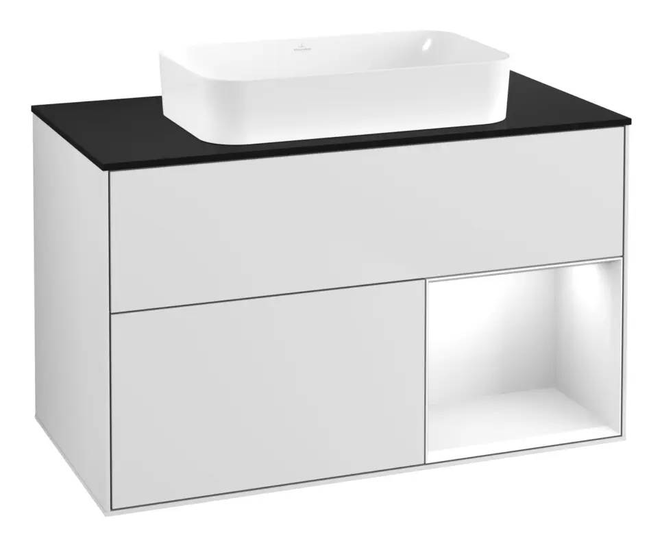 Villeroy & Boch Finion Waschbeckenunterschrank für Becken mittig Regal rechts für Finion 2 Auszüge mit Beleuchtung (1x LED) ohne Hahnloch 1000 x 603 x 501 mm - White Matt Lacquer / Glossy White Lacquer / Glass Black Matt Jetzt Kaufen