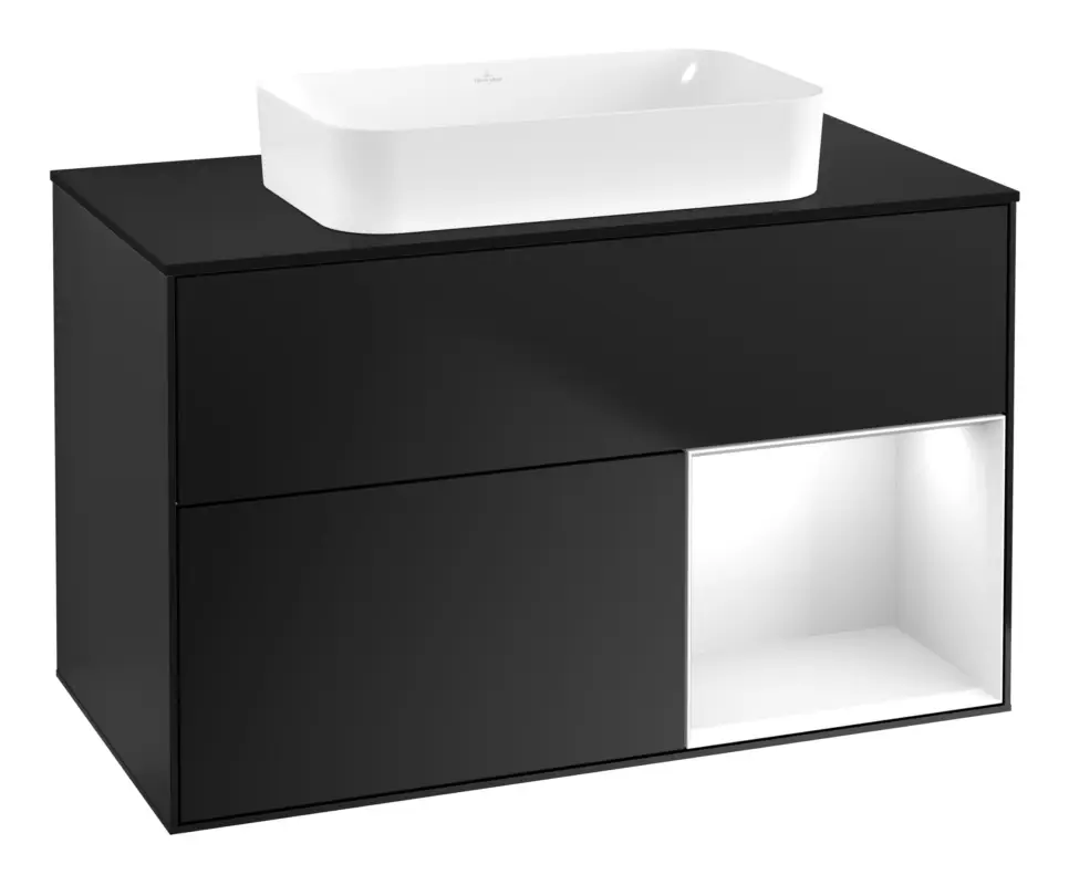 Sale Villeroy & Boch Finion Waschbeckenunterschrank für Becken mittig Regal rechts für Finion 2 Auszüge mit Beleuchtung (1x LED) ohne Hahnloch 1000 x 603 x 501 mm - Black Matt Lacquer / Glossy White Lacquer / Glass Black Matt