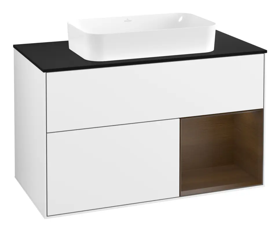 Villeroy & Boch Finion Waschbeckenunterschrank für Becken mittig Regal rechts für Finion 2 Auszüge mit Beleuchtung (1x LED) ohne Hahnloch 1000 x 603 x 501 mm - Glossy White Lacquer / Walnut Veneer / Glass Black Matt Billig