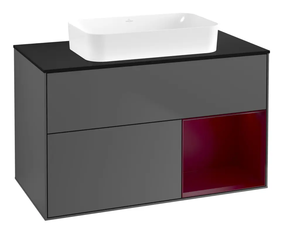 Villeroy & Boch Finion Waschbeckenunterschrank für Becken mittig Regal rechts für Finion 2 Auszüge mit Beleuchtung (1x LED) ohne Hahnloch 1000 x 603 x 501 mm - Anthracite Matt Lacquer / Peony Matt Lacquer / Glass Black Matt Direktkauf