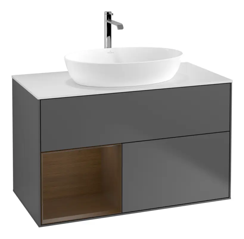 Ausverkauf Villeroy & Boch Finion Waschbeckenunterschrank für Becken mittig Regal links für Artis / Collaro eckig 2 Auszüge mit Beleuchtung (3x LED) 1000 x 603 x 501 mm - Anthracite Matt Lacquer / Walnut Veneer / Glass White Matt