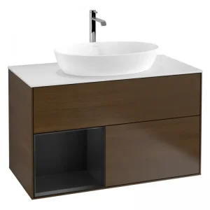 Abverkauf Villeroy & Boch Finion Waschbeckenunterschrank für Becken mittig Regal links für Artis / Collaro eckig 2 Auszüge mit Beleuchtung (3x LED) 1000 x 603 x 501 mm - Walnut Veneer / Black Matt Lacquer / Glass White Matt