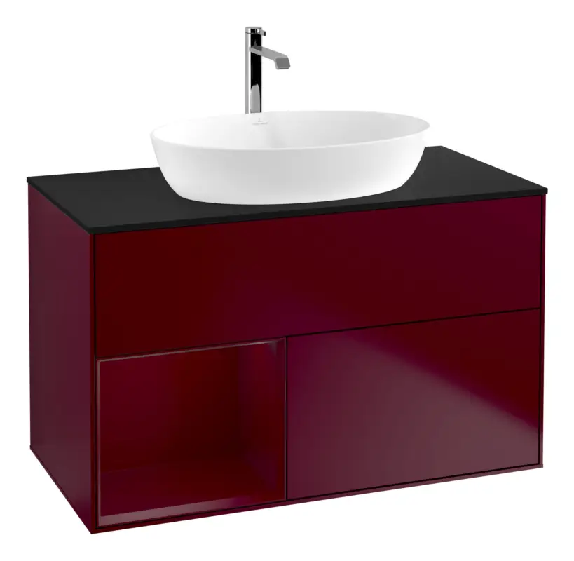 Echt Villeroy & Boch Finion Waschbeckenunterschrank für Becken mittig Regal links für Artis / Collaro eckig 2 Auszüge mit Beleuchtung (3x LED) 1000 x 603 x 501 mm - Peony Matt Lacquer / Glass Black Matt