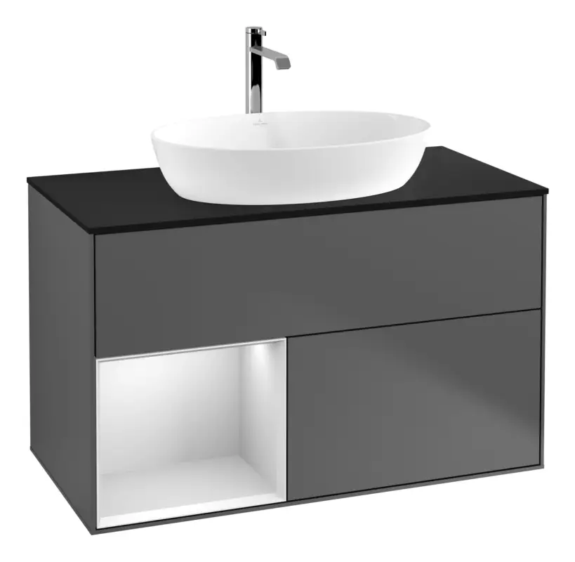 Neu Villeroy & Boch Finion Waschbeckenunterschrank für Becken mittig Regal links für Artis / Collaro eckig 2 Auszüge mit Beleuchtung (3x LED) 1000 x 603 x 501 mm - Anthracite Matt Lacquer / White Matt Lacquer / Glass Black Matt