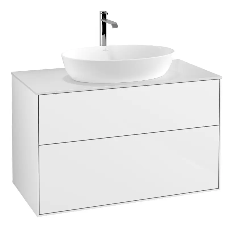 Wochenendangebot Villeroy & Boch Finion Waschbeckenunterschrank für Becken mittig ohne Regal für Artis / Collaro eckig 2 Auszüge 1000 x 603 x 501 mm - Glossy White Lacquer / Glass White Matt