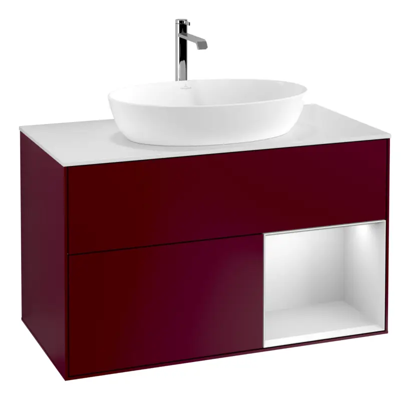 Finale Aktion Villeroy & Boch Finion Waschbeckenunterschrank für Becken mittig Regal rechts für Artis / Collaro eckig 2 Auszüge mit Beleuchtung (3x LED) 1000 x 603 x 501 mm - Peony Matt Lacquer / White Matt Lacquer / Glass White Matt