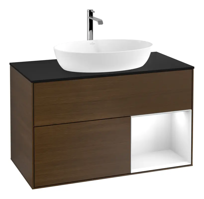 Angebot Villeroy & Boch Finion Waschbeckenunterschrank für Becken mittig Regal rechts für Artis / Collaro eckig 2 Auszüge mit Beleuchtung (3x LED) 1000 x 603 x 501 mm - Walnut Veneer / Glossy White Lacquer / Glass Black Matt