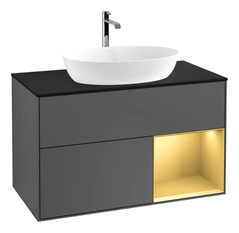 Villeroy & Boch Finion Waschbeckenunterschrank für Becken mittig Regal rechts für Artis / Collaro eckig 2 Auszüge mit Beleuchtung (3x LED) 1000 x 603 x 501 mm - Anthracite Matt Lacquer / Gold Matt Lacquer / Glass Black Matt Markenware