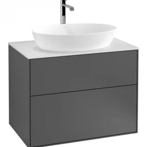 Aktuell Villeroy & Boch Finion Waschbeckenunterschrank für Becken mittig ohne Regal für Artis / Collaro eckig 2 Auszüge 800 x 603 x 501 mm - Anthracite Matt Lacquer / Glass White Matt