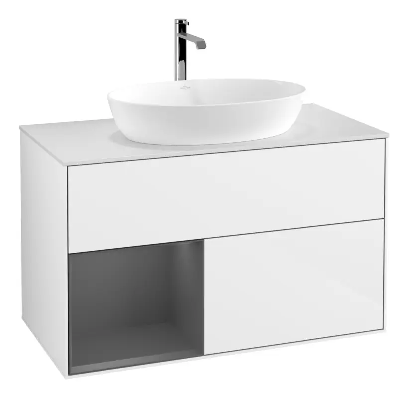 Villeroy & Boch Finion Waschbeckenunterschrank für Becken mittig Regal links für Artis / Collaro eckig 2 Auszüge mit Beleuchtung (1x LED) 1000 x 603 x 501 mm - Glossy White Lacquer / Anthracite Matt Lacquer / Glass White Matt Versand Am Gleichen Tag