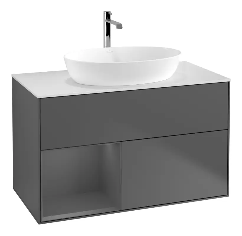Villeroy & Boch Finion Waschbeckenunterschrank für Becken mittig Regal links für Artis / Collaro eckig 2 Auszüge mit Beleuchtung (1x LED) 1000 x 603 x 501 mm - Anthracite Matt Lacquer / Glass White Matt Online Kaufen