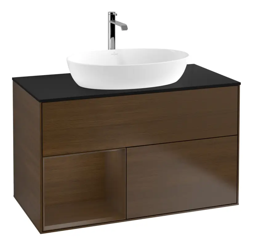 Villeroy & Boch Finion Waschbeckenunterschrank für Becken mittig Regal links für Artis / Collaro eckig 2 Auszüge mit Beleuchtung (1x LED) 1000 x 603 x 501 mm - Walnut Veneer / Glass Black Matt Nur Für Kurze Zeit