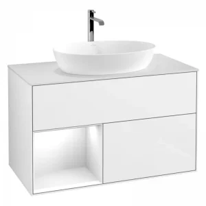Abverkauf Villeroy & Boch Finion Waschbeckenunterschrank für Becken mittig Regal links für Artis / Collaro eckig 2 Auszüge mit Beleuchtung (3x LED) 1000 x 603 x 501 mm - Glossy White Lacquer / Glass White Matt
