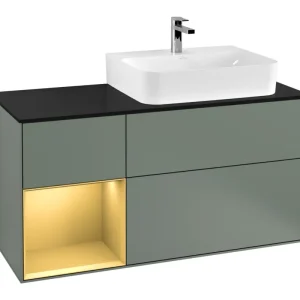 Solange Der Vorrat Reicht Villeroy & Boch Finion Waschbeckenunterschrank für Becken rechts Regal links für Finion / Memento 2.0 3 Auszüge mit Beleuchtung (1x LED) 1200 x 603 x 501 mm - Olive Matt Lacquer / Gold Matt Lacquer / Glass Black Matt