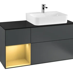 Jetzt Kaufen Villeroy & Boch Finion Waschbeckenunterschrank für Becken rechts Regal links für Finion / Memento 2.0 3 Auszüge mit Beleuchtung (1x LED) 1200 x 603 x 501 mm - Midnight Blue Matt Lacquer / Gold Matt Lacquer / Glass Black Matt