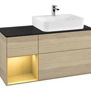 Villeroy & Boch Finion Waschbeckenunterschrank für Becken rechts Regal links für Finion / Memento 2.0 3 Auszüge mit Beleuchtung (1x LED) 1200 x 603 x 501 mm - Oak Veneer / Gold Matt Lacquer / Glass Black Matt Beliebt
