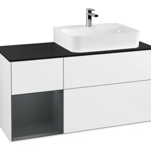 Solange Der Vorrat Reicht Villeroy & Boch Finion Waschbeckenunterschrank für Becken rechts Regal links für Finion / Memento 2.0 3 Auszüge mit Beleuchtung (1x LED) 1200 x 603 x 501 mm - Glossy White Lacquer / Midnight Blue Matt Lacquer / Glass Black Matt