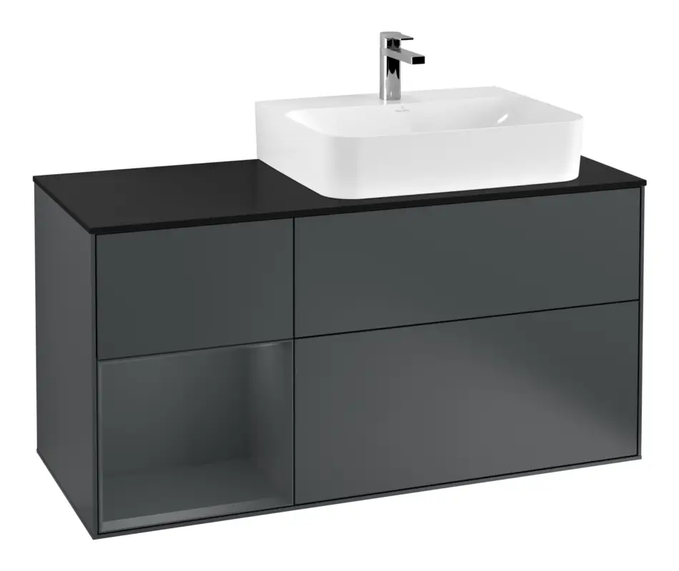 Schnäppchen Villeroy & Boch Finion Waschbeckenunterschrank für Becken rechts Regal links für Finion / Memento 2.0 3 Auszüge mit Beleuchtung (1x LED) 1200 x 603 x 501 mm - Midnight Blue Matt Lacquer / Glass Black Matt