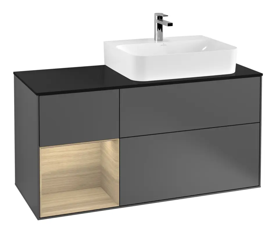 Villeroy & Boch Finion Waschbeckenunterschrank für Becken rechts Regal links für Finion / Memento 2.0 3 Auszüge mit Beleuchtung (1x LED) 1200 x 603 x 501 mm - Anthracite Matt Lacquer / Oak Veneer / Glass Black Matt Sofort Bestellen