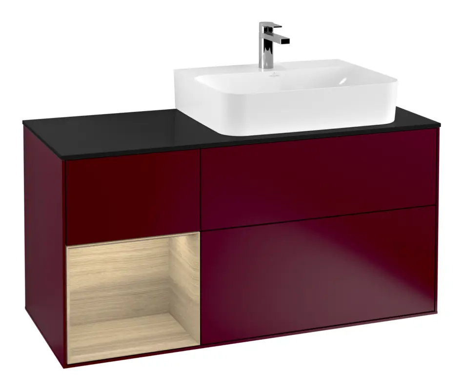 Markenware Villeroy & Boch Finion Waschbeckenunterschrank für Becken rechts Regal links für Finion / Memento 2.0 3 Auszüge mit Beleuchtung (1x LED) 1200 x 603 x 501 mm - Peony Matt Lacquer / Oak Veneer / Glass Black Matt