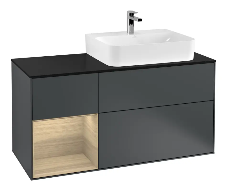 Direkt Vom Hersteller Villeroy & Boch Finion Waschbeckenunterschrank für Becken rechts Regal links für Finion / Memento 2.0 3 Auszüge mit Beleuchtung (1x LED) 1200 x 603 x 501 mm - Midnight Blue Matt Lacquer / Oak Veneer / Glass Black Matt