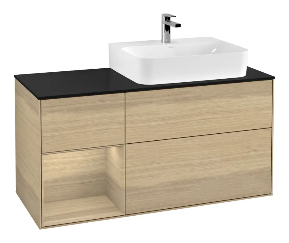 Villeroy & Boch Finion Waschbeckenunterschrank für Becken rechts Regal links für Finion / Memento 2.0 3 Auszüge mit Beleuchtung (1x LED) 1200 x 603 x 501 mm - Oak Veneer / Glass Black Matt Jetzt Kaufen