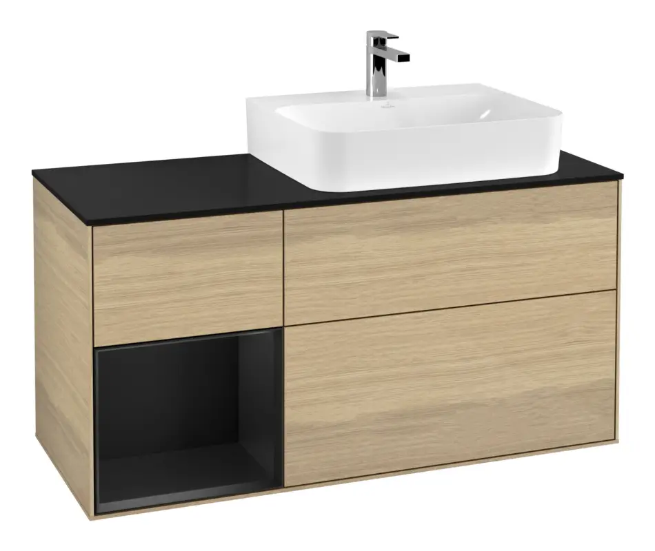Letzte Chance Villeroy & Boch Finion Waschbeckenunterschrank für Becken rechts Regal links für Finion / Memento 2.0 3 Auszüge mit Beleuchtung (1x LED) 1200 x 603 x 501 mm - Oak Veneer / Black Matt Lacquer / Glass Black Matt