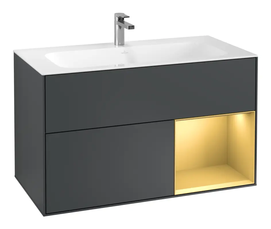Super-Preis Villeroy & Boch Finion Waschbeckenunterschrank für Becken mittig Regal rechts für Finion 2 Auszüge mit Beleuchtung (1x LED) 996 x 591 x 498 mm - Midnight Blue Matt Lacquer / Gold Matt Lacquer