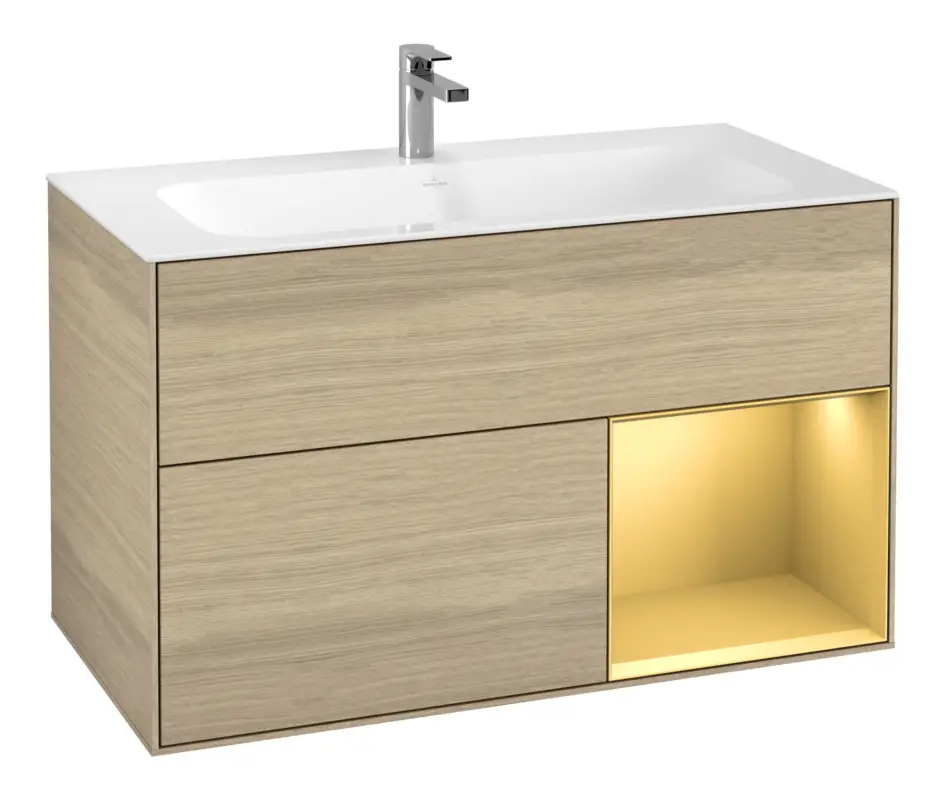 Villeroy & Boch Finion Waschbeckenunterschrank für Becken mittig Regal rechts für Finion 2 Auszüge mit Beleuchtung (1x LED) 996 x 591 x 498 mm - Oak Veneer / Gold Matt Lacquer Mega-Angebot