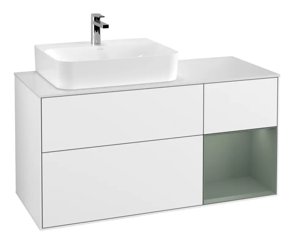 Villeroy & Boch Finion Waschbeckenunterschrank für Becken links Regal rechts für Finion / Memento 2.0 3 Auszüge mit Beleuchtung (1x LED) 1200 x 603 x 501 mm - Glossy White Lacquer / Olive Matt Lacquer / Glass White Matt Online Kaufen