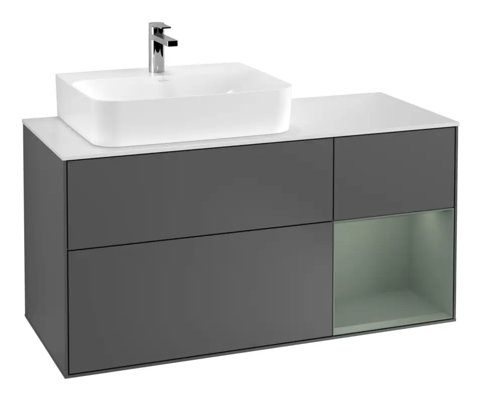 Villeroy & Boch Finion Waschbeckenunterschrank für Becken links Regal rechts für Finion / Memento 2.0 3 Auszüge mit Beleuchtung (1x LED) 1200 x 603 x 501 mm - Anthracite Matt Lacquer / Olive Matt Lacquer / Glass White Matt Neue Kollektion