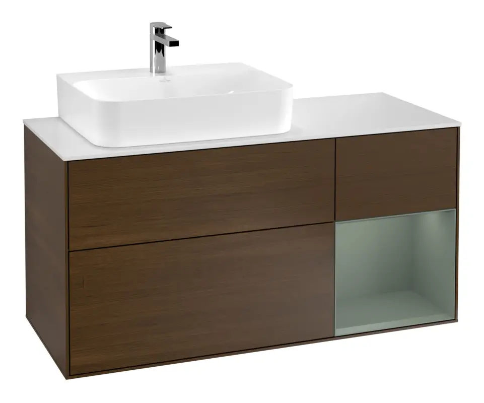 Sonderangebot Villeroy & Boch Finion Waschbeckenunterschrank für Becken links Regal rechts für Finion / Memento 2.0 3 Auszüge mit Beleuchtung (1x LED) 1200 x 603 x 501 mm - Walnut Veneer / Olive Matt Lacquer / Glass White Matt