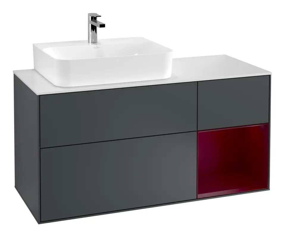 Beliebt Villeroy & Boch Finion Waschbeckenunterschrank für Becken links Regal rechts für Finion / Memento 2.0 3 Auszüge mit Beleuchtung (1x LED) 1200 x 603 x 501 mm - Midnight Blue Matt Lacquer / Peony Matt Lacquer / Glass White Matt