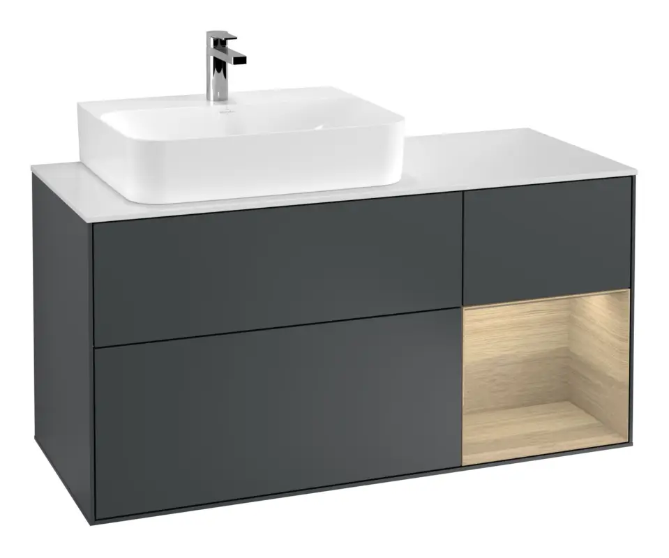 Villeroy & Boch Finion Waschbeckenunterschrank für Becken links Regal rechts für Finion / Memento 2.0 3 Auszüge mit Beleuchtung (1x LED) 1200 x 603 x 501 mm - Midnight Blue Matt Lacquer / Oak Veneer / Glass White Matt Markenware