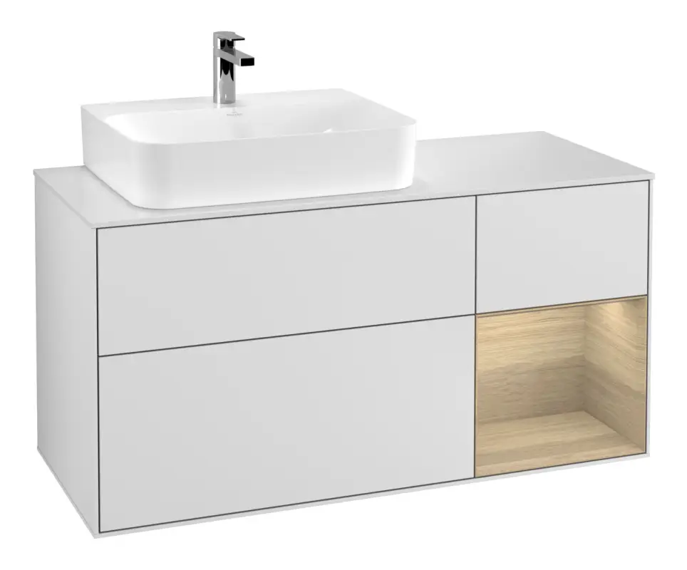 Neue Ware Villeroy & Boch Finion Waschbeckenunterschrank für Becken links Regal rechts für Finion / Memento 2.0 3 Auszüge mit Beleuchtung (1x LED) 1200 x 603 x 501 mm - White Matt Lacquer / Oak Veneer / Glass White Matt