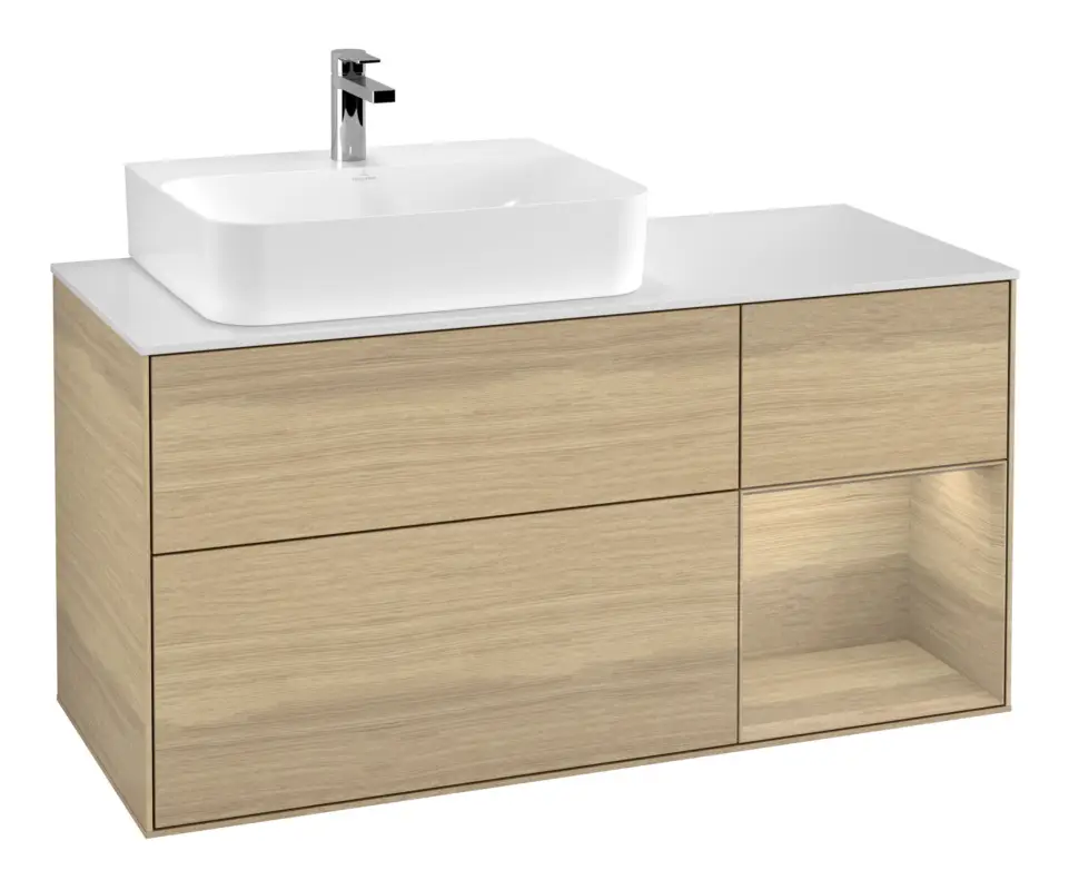 Villeroy & Boch Finion Waschbeckenunterschrank für Becken links Regal rechts für Finion / Memento 2.0 3 Auszüge mit Beleuchtung (1x LED) 1200 x 603 x 501 mm - Oak Veneer / Oak Veneer / Glass White Matt Nur Heute