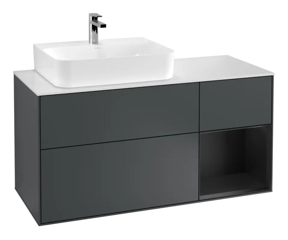 Direkt Vom Hersteller Villeroy & Boch Finion Waschbeckenunterschrank für Becken links Regal rechts für Finion / Memento 2.0 3 Auszüge mit Beleuchtung (1x LED) 1200 x 603 x 501 mm - Midnight Blue Matt Lacquer / Black Matt Lacquer / Glass White Matt