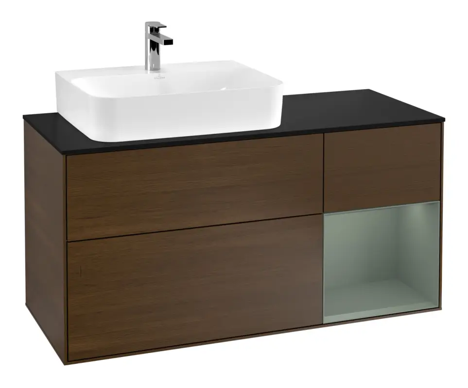 Villeroy & Boch Finion Waschbeckenunterschrank für Becken links Regal rechts für Finion / Memento 2.0 3 Auszüge mit Beleuchtung (1x LED) 1200 x 603 x 501 mm - Walnut Veneer / Olive Matt Lacquer / Glass Black Matt Direktkauf
