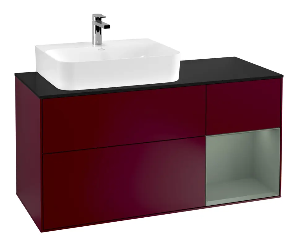 Villeroy & Boch Finion Waschbeckenunterschrank für Becken links Regal rechts für Finion / Memento 2.0 3 Auszüge mit Beleuchtung (1x LED) 1200 x 603 x 501 mm - Peony Matt Lacquer / Olive Matt Lacquer / Glass Black Matt Wochenendangebot
