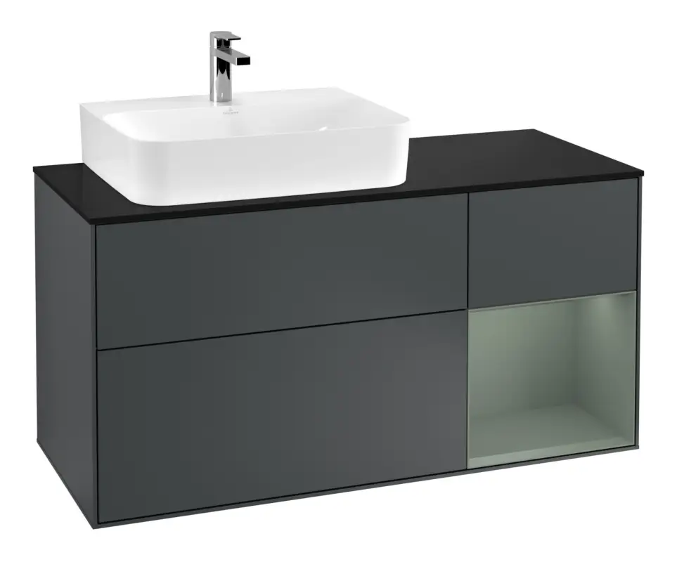 Villeroy & Boch Finion Waschbeckenunterschrank für Becken links Regal rechts für Finion / Memento 2.0 3 Auszüge mit Beleuchtung (1x LED) 1200 x 603 x 501 mm - Midnight Blue Matt Lacquer / Olive Matt Lacquer / Glass Black Matt Bestseller