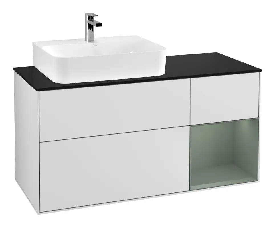 Villeroy & Boch Finion Waschbeckenunterschrank für Becken links Regal rechts für Finion / Memento 2.0 3 Auszüge mit Beleuchtung (1x LED) 1200 x 603 x 501 mm - White Matt Lacquer / Olive Matt Lacquer / Glass Black Matt Bestseller