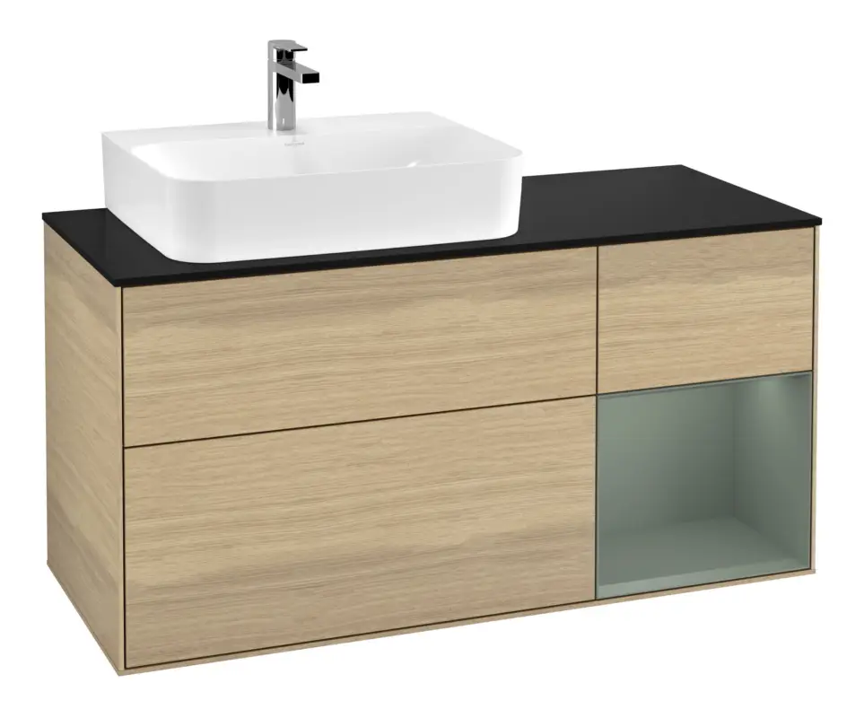 Preis Gesenkt Villeroy & Boch Finion Waschbeckenunterschrank für Becken links Regal rechts für Finion / Memento 2.0 3 Auszüge mit Beleuchtung (1x LED) 1200 x 603 x 501 mm - Oak Veneer / Olive Matt Lacquer / Glass Black Matt
