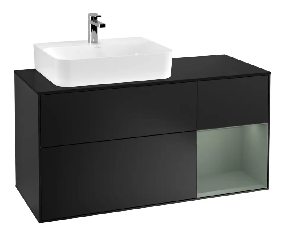 Billig Villeroy & Boch Finion Waschbeckenunterschrank für Becken links Regal rechts für Finion / Memento 2.0 3 Auszüge mit Beleuchtung (1x LED) 1200 x 603 x 501 mm - Black Matt Lacquer / Olive Matt Lacquer / Glass Black Matt