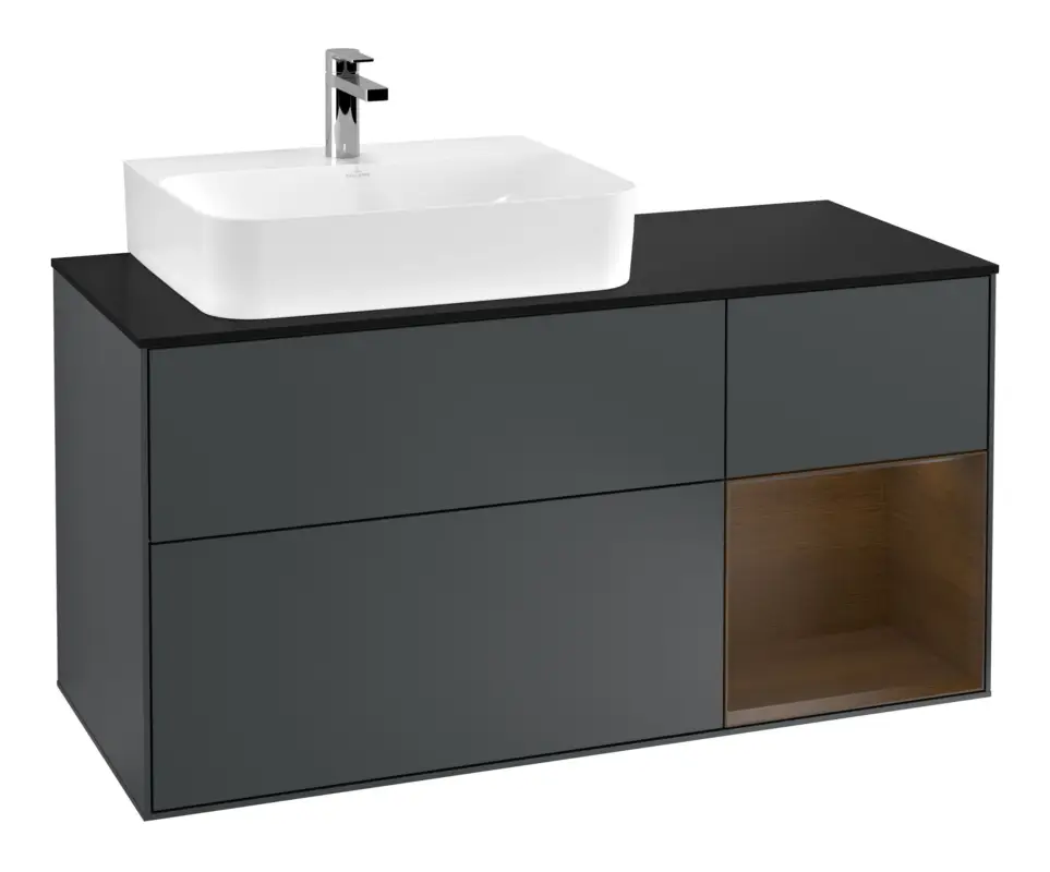 Neu Villeroy & Boch Finion Waschbeckenunterschrank für Becken links Regal rechts für Finion / Memento 2.0 3 Auszüge mit Beleuchtung (1x LED) 1200 x 603 x 501 mm - Midnight Blue Matt Lacquer / Walnut Veneer / Glass Black Matt