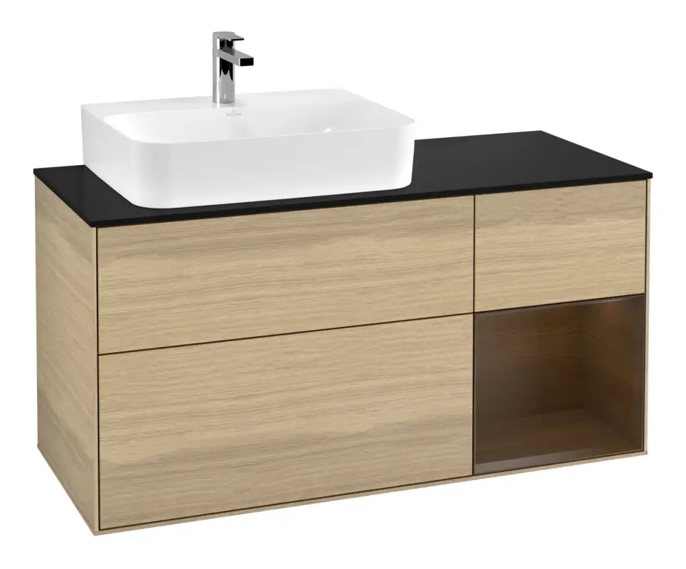 Beliebt Villeroy & Boch Finion Waschbeckenunterschrank für Becken links Regal rechts für Finion / Memento 2.0 3 Auszüge mit Beleuchtung (1x LED) 1200 x 603 x 501 mm - Oak Veneer / Walnut Veneer / Glass Black Matt