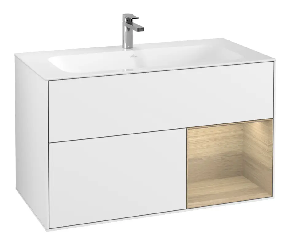 Wochenendangebot Villeroy & Boch Finion Waschbeckenunterschrank für Becken mittig Regal rechts für Finion 2 Auszüge mit Beleuchtung (1x LED) 996 x 591 x 498 mm - Glossy White Lacquer / Oak Veneer