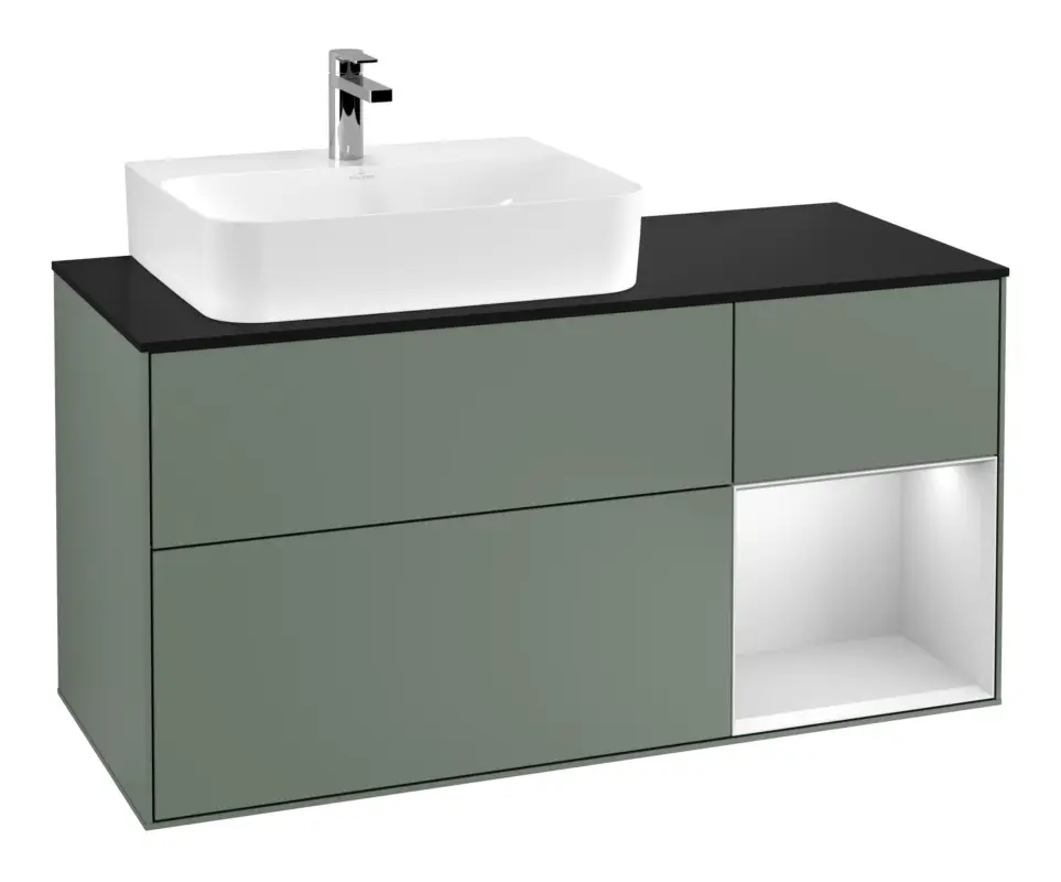 Villeroy & Boch Finion Waschbeckenunterschrank für Becken links Regal rechts für Finion / Memento 2.0 3 Auszüge mit Beleuchtung (1x LED) 1200 x 603 x 501 mm - Olive Matt Lacquer / White Matt Lacquer / Glass Black Matt Highlight