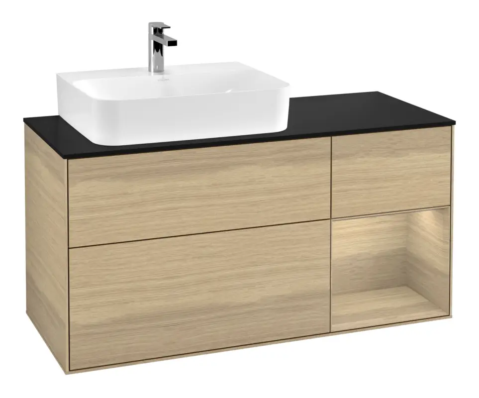 Villeroy & Boch Finion Waschbeckenunterschrank für Becken links Regal rechts für Finion / Memento 2.0 3 Auszüge mit Beleuchtung (1x LED) 1200 x 603 x 501 mm - Oak Veneer / Oak Veneer / Glass Black Matt Nur Heute