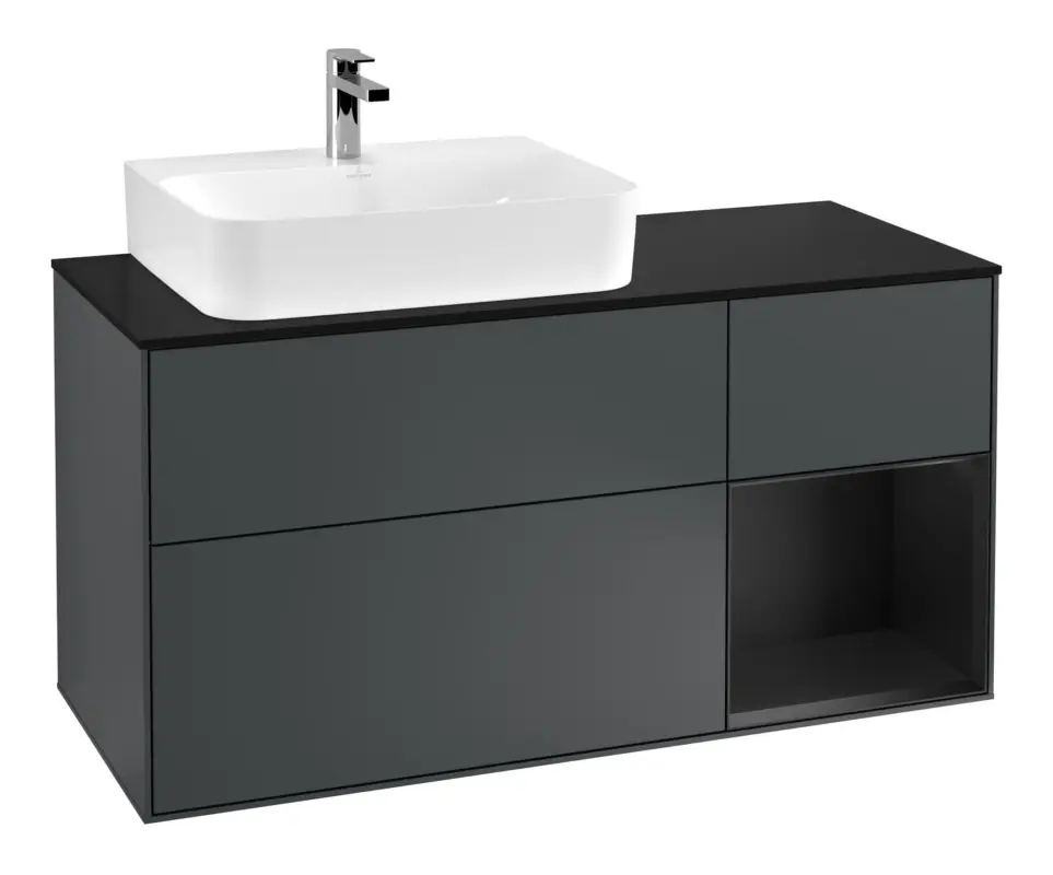 Villeroy & Boch Finion Waschbeckenunterschrank für Becken links Regal rechts für Finion / Memento 2.0 3 Auszüge mit Beleuchtung (1x LED) 1200 x 603 x 501 mm - Midnight Blue Matt Lacquer / Black Matt Lacquer / Glass Black Matt Heißes Angebot