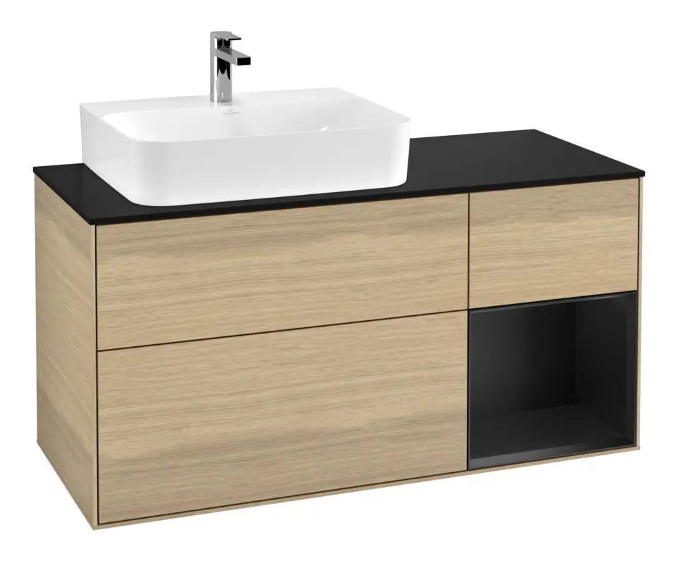 Letzte Chance Villeroy & Boch Finion Waschbeckenunterschrank für Becken links Regal rechts für Finion / Memento 2.0 3 Auszüge mit Beleuchtung (1x LED) 1200 x 603 x 501 mm - Oak Veneer / Black Matt Lacquer / Glass Black Matt